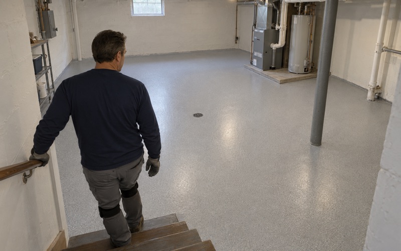 A finished quartz-broadcast epoxy floor seen from the stair of an older Hammond, Indiana basement, carried to the rim of the floor drain.