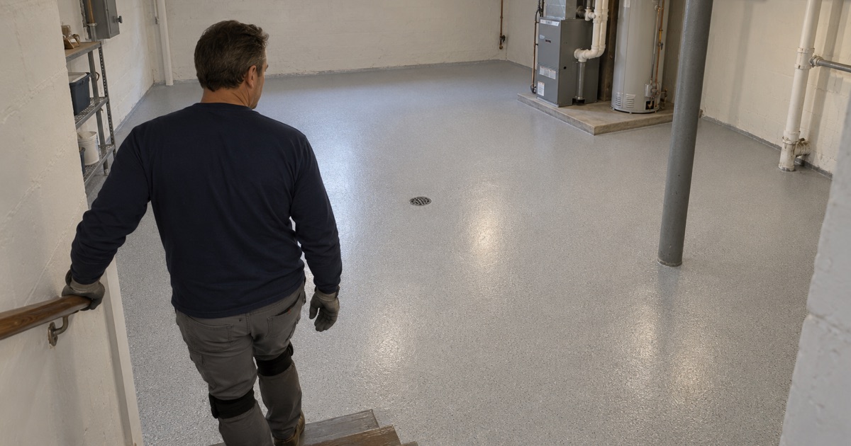A finished quartz-broadcast epoxy floor seen from the stair of an older Hammond, Indiana basement, carried to the rim of the floor drain.
