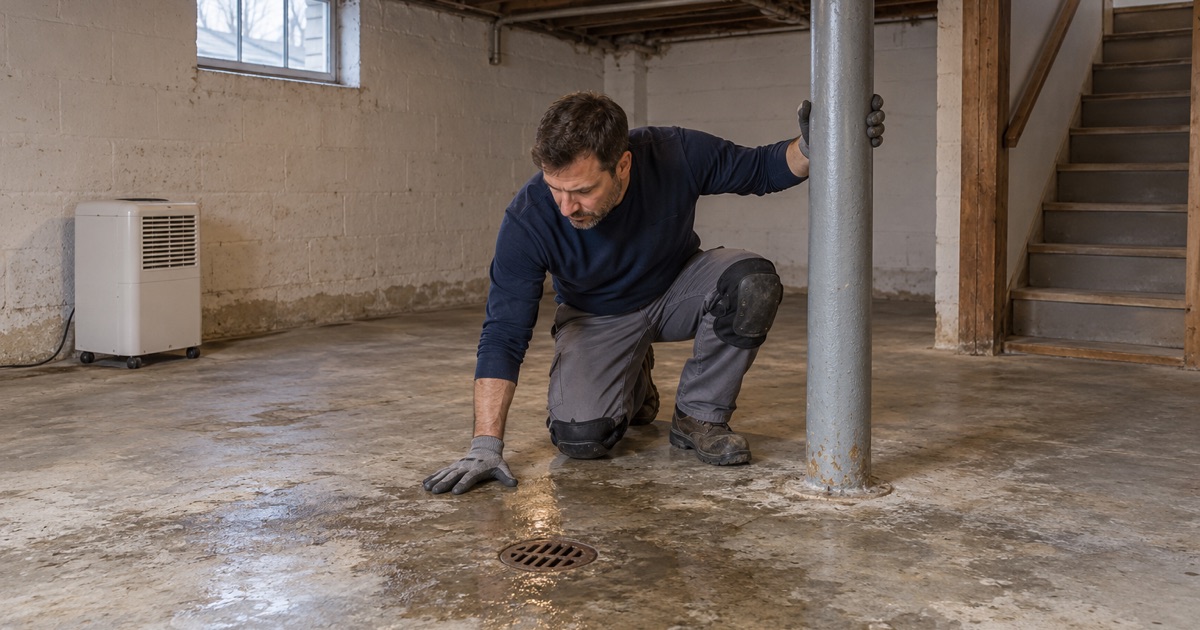 An older Hammond basement slab being read before any coating, a worker kneeling at the floor drain beside the steel support column.