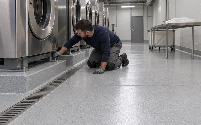 A coated, coved processing floor in a medical laundry in Hammond, Indiana, beside a washer on its raised equipment pad.