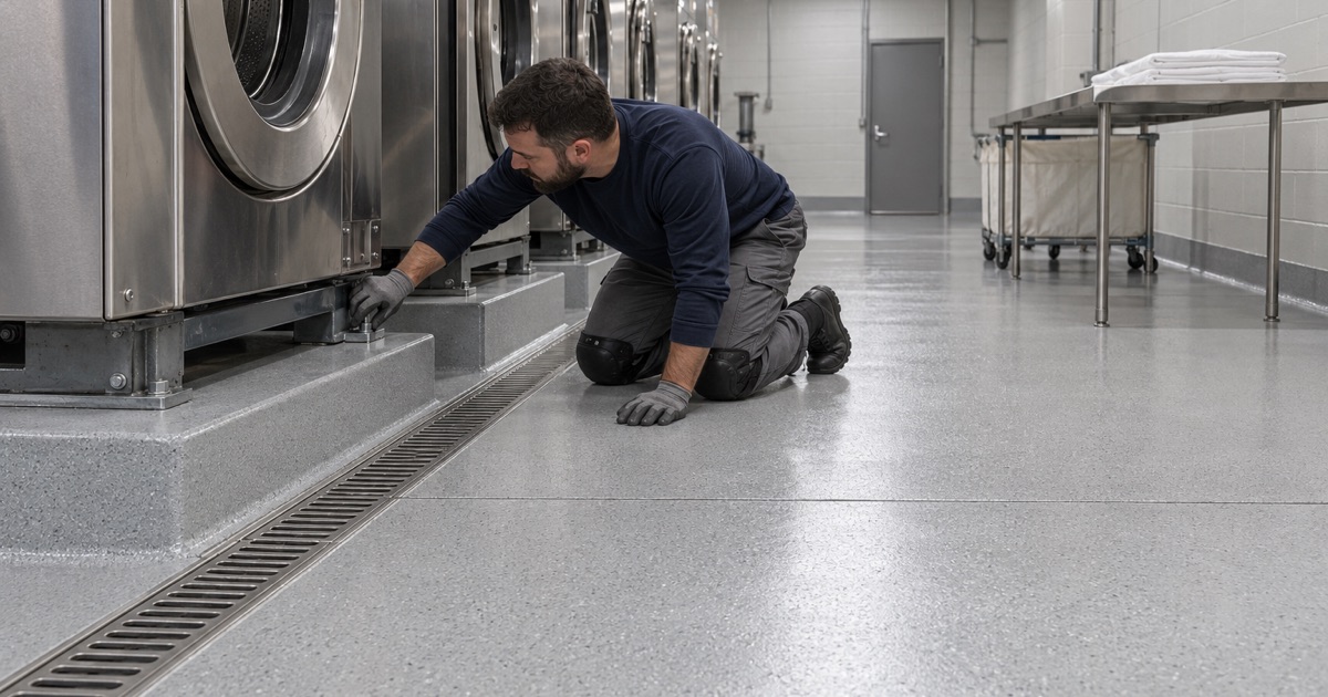 A coated, coved processing floor in a medical laundry in Hammond, Indiana, beside a washer on its raised equipment pad.