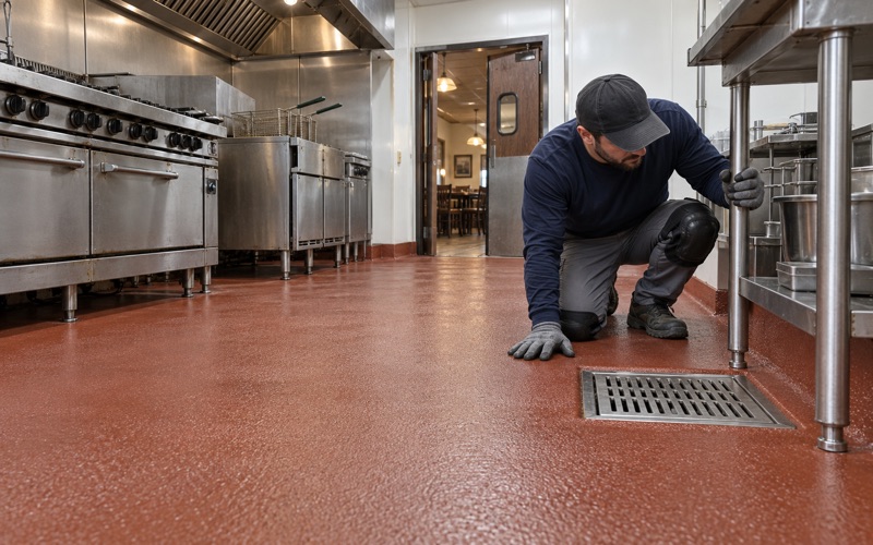 A textured urethane cement kitchen floor in a Hammond, Indiana restaurant, coved at the walls and carried into a floor sink.