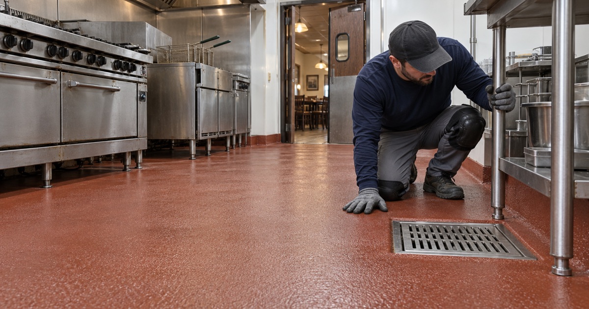 A textured urethane cement kitchen floor in a Hammond, Indiana restaurant, coved at the walls and carried into a floor sink.
