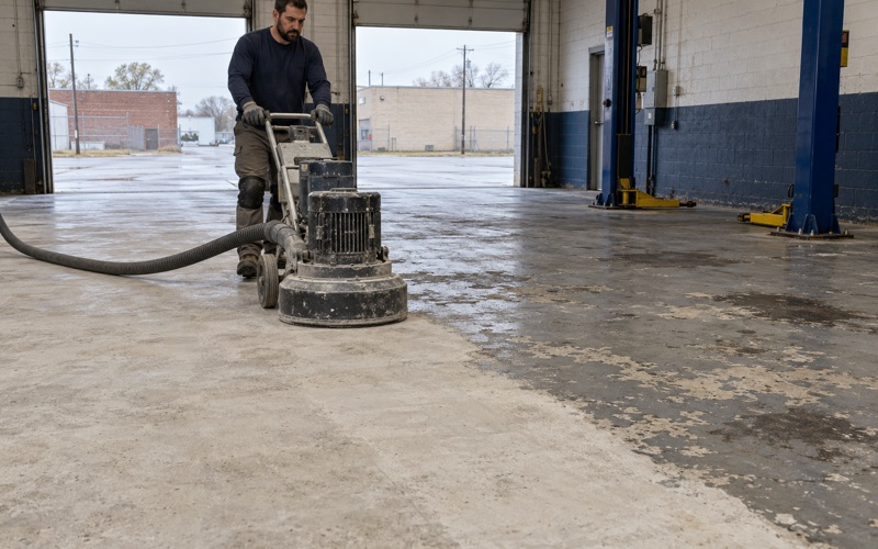 A walk-behind grinder with a dust shroud cutting through old floor paint in a Hammond, Indiana auto repair garage.