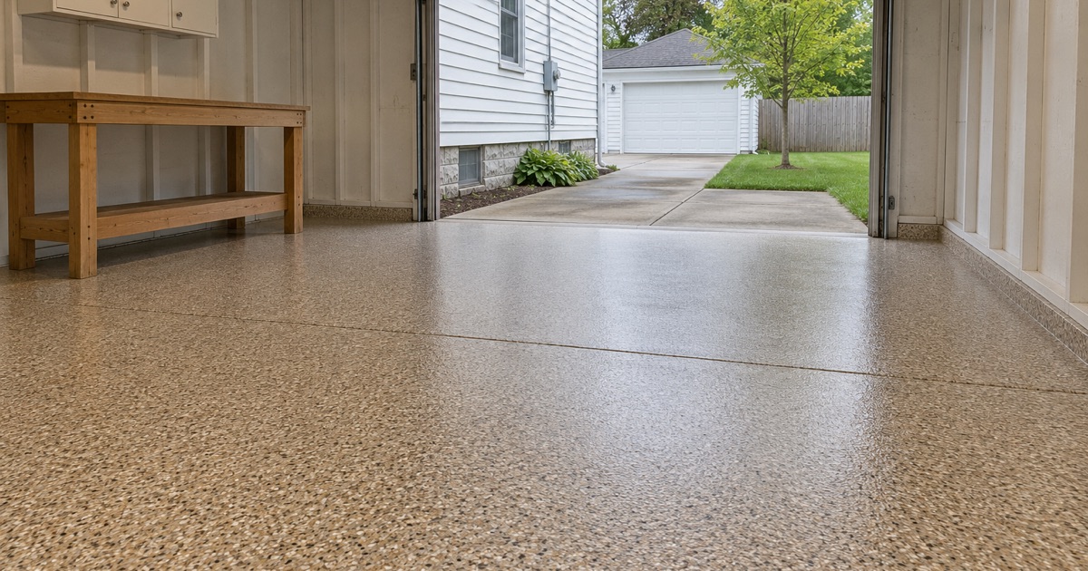 A finished, empty flake floor in a detached garage behind a Hammond, Indiana Cape Cod house, seen from the back wall toward the open door.