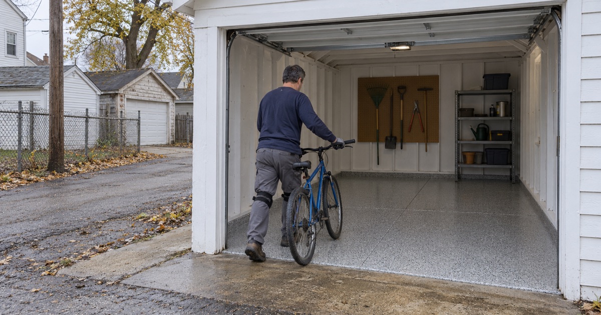 A bicycle wheeled back onto a finished gray flake floor in a detached alley garage behind a 1940s frame house in Hammond, Indiana.