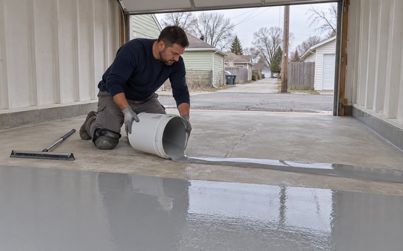 Mixed epoxy poured in a ribbon onto a ground garage slab behind a Hammond, Indiana frame house, ready to be spread.
