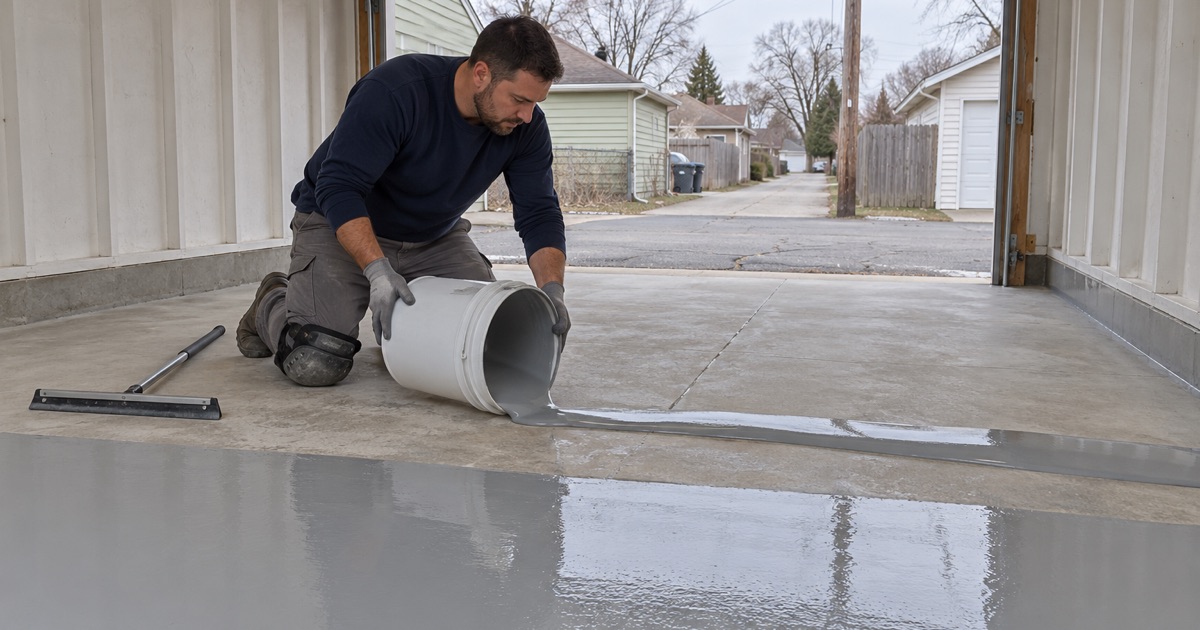 Mixed epoxy poured in a ribbon onto a ground garage slab behind a Hammond, Indiana frame house, ready to be spread.