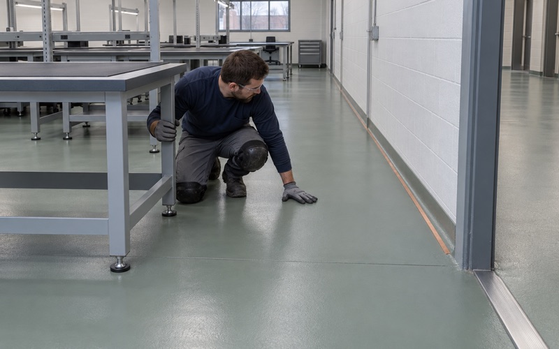 A static-dissipative floor in an electronics assembly room inside a Hammond, Indiana industrial building.