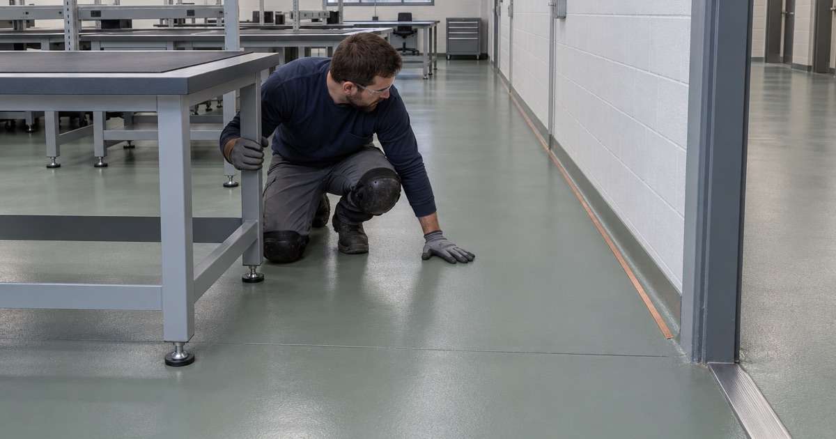 A static-dissipative floor in an electronics assembly room inside a Hammond, Indiana industrial building.