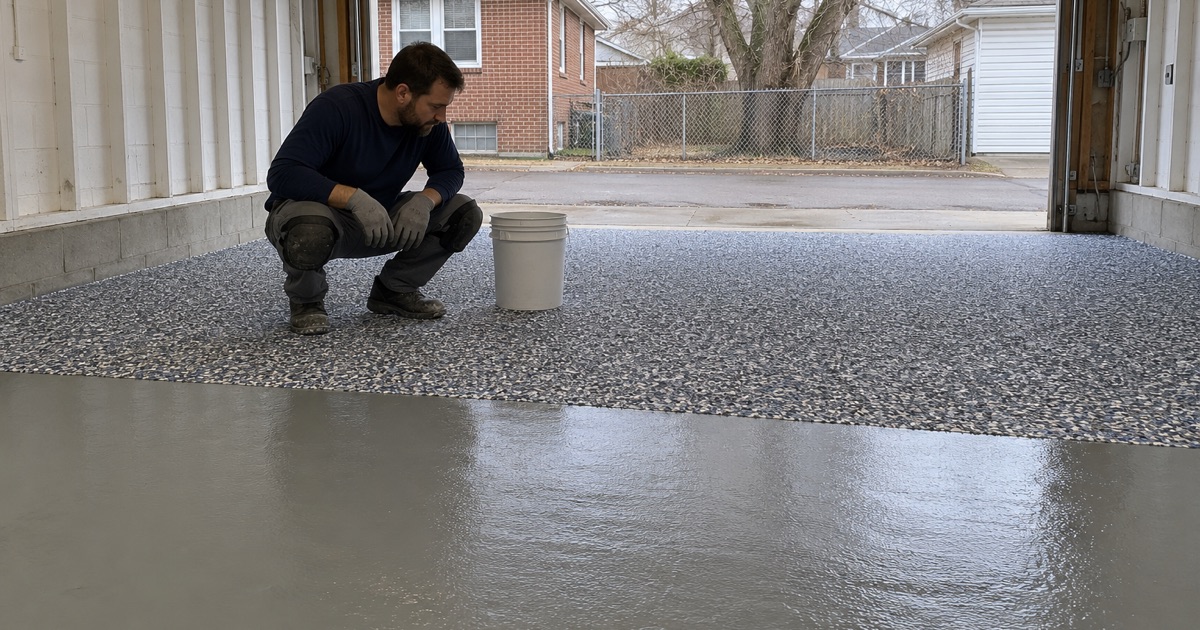 A worker crouching to check a freshly broadcast gray and blue flake floor in a detached garage behind a Hammond, Indiana brick bungalow.