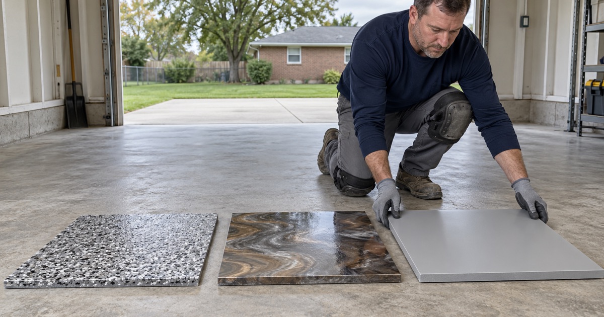 Three finish samples laid side by side on a ground garage slab in Hammond — a gray flake board, a bronze metallic board and a solid gray board.