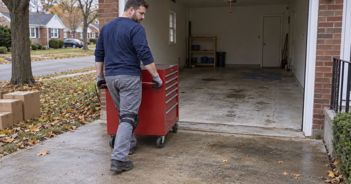 A rolling tool chest wheeled out of a Hammond garage onto the driveway so the old stained slab can be cleared for coating.