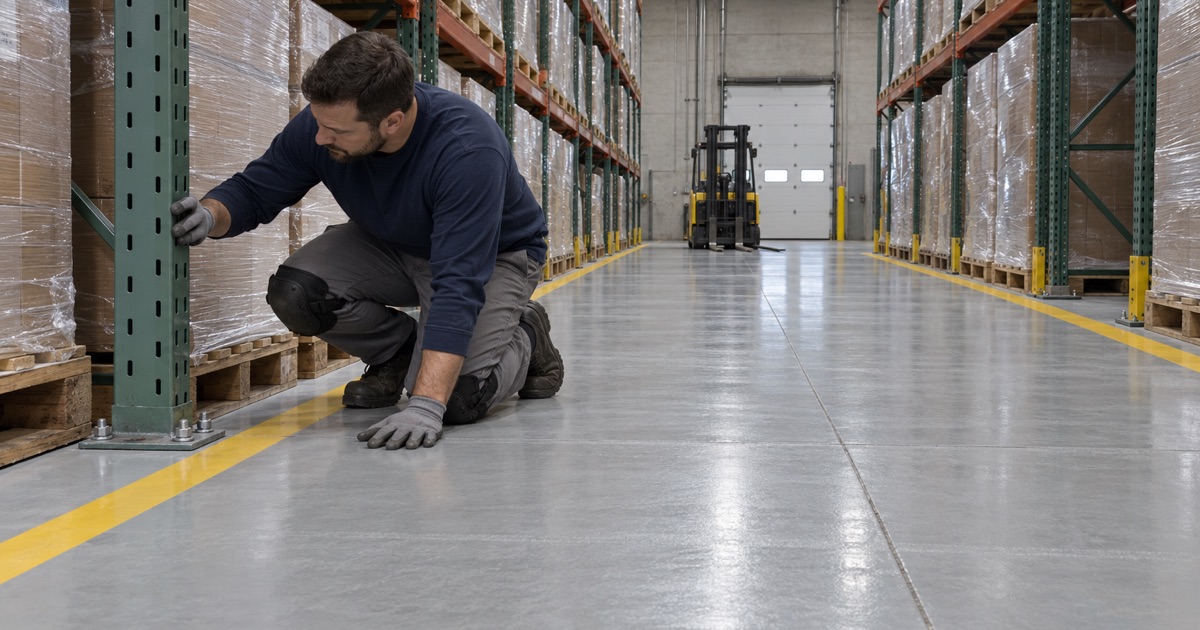 A coated warehouse aisle in a Hammond, Indiana industrial park, the coating meeting steel rack uprights at their base plates.