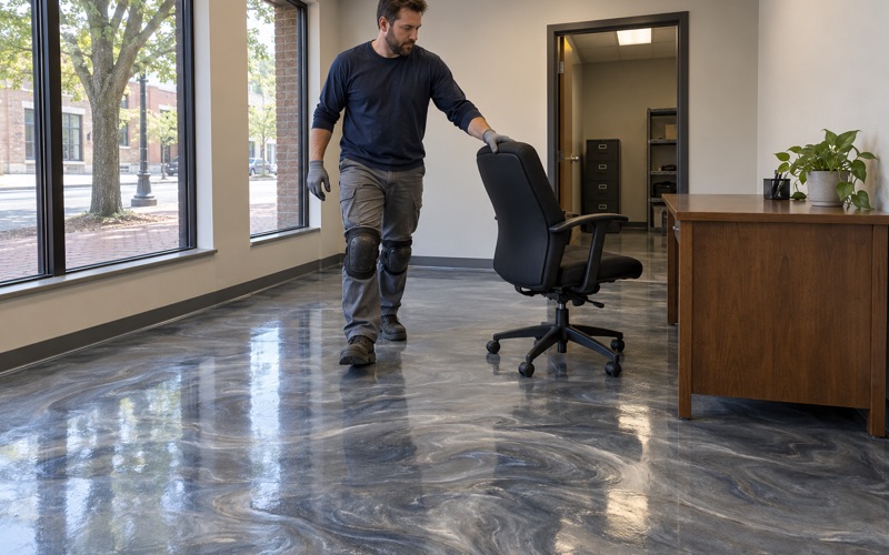 A finished pewter and blue metallic epoxy floor in a small Hammond, Indiana storefront office, an office chair rolled back into place.