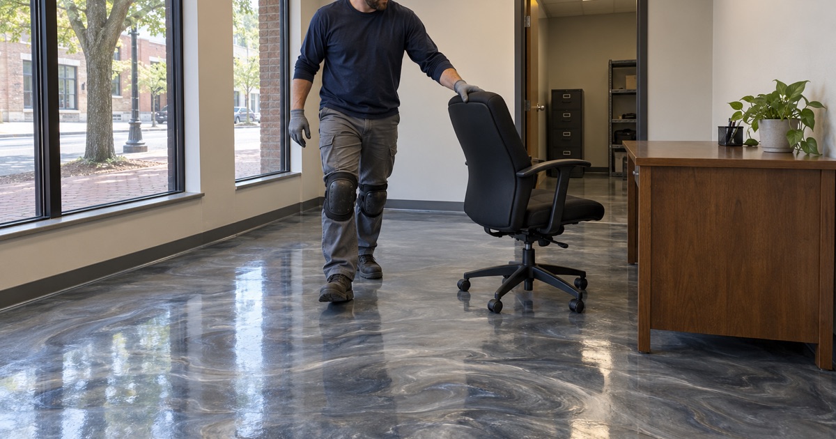 A finished pewter and blue metallic epoxy floor in a small Hammond, Indiana storefront office, an office chair rolled back into place.