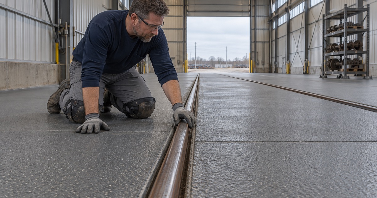 A heavy-duty coating ending cleanly against the embedded rails of a rail-car repair shop floor in Hammond, Indiana.