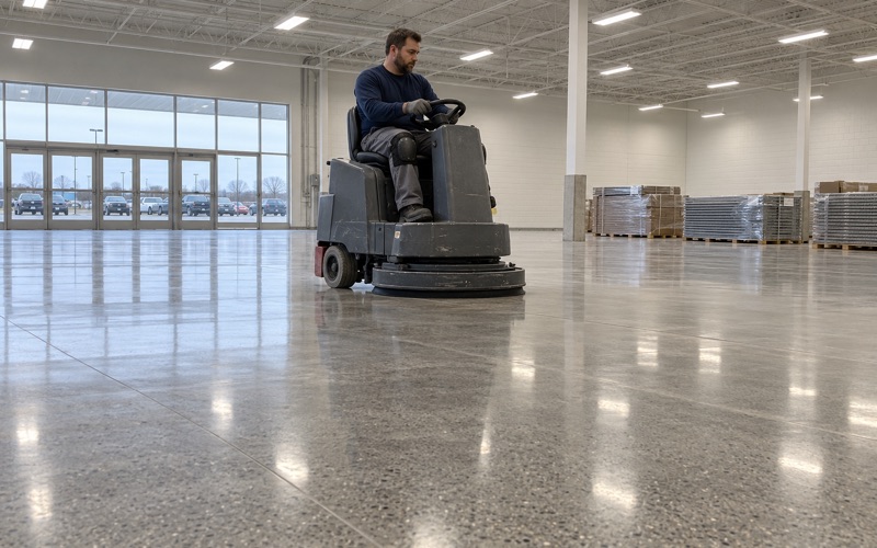 A ride-on burnisher bringing up the shine on a polished concrete floor in a large new retail store in Hammond, Indiana.