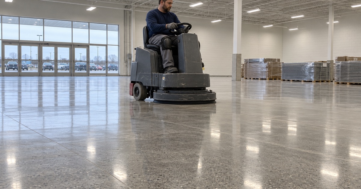 A ride-on burnisher bringing up the shine on a polished concrete floor in a large new retail store in Hammond, Indiana.