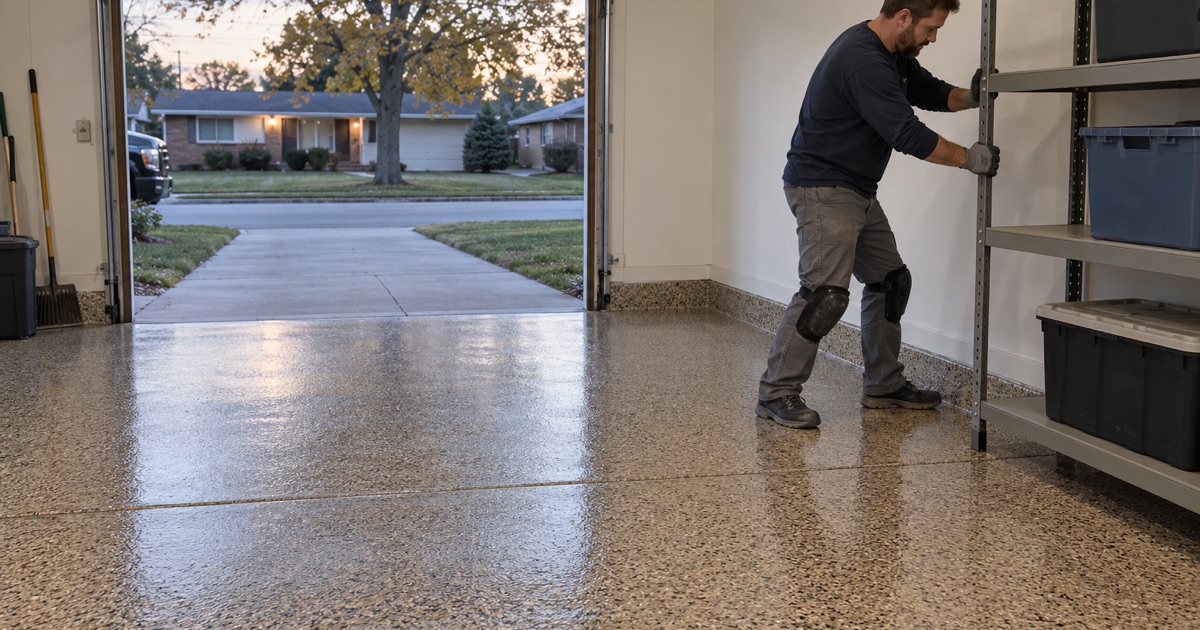 A shelf unit slid back against the wall the same day a polyaspartic flake floor was finished in a Hammond, Indiana garage.